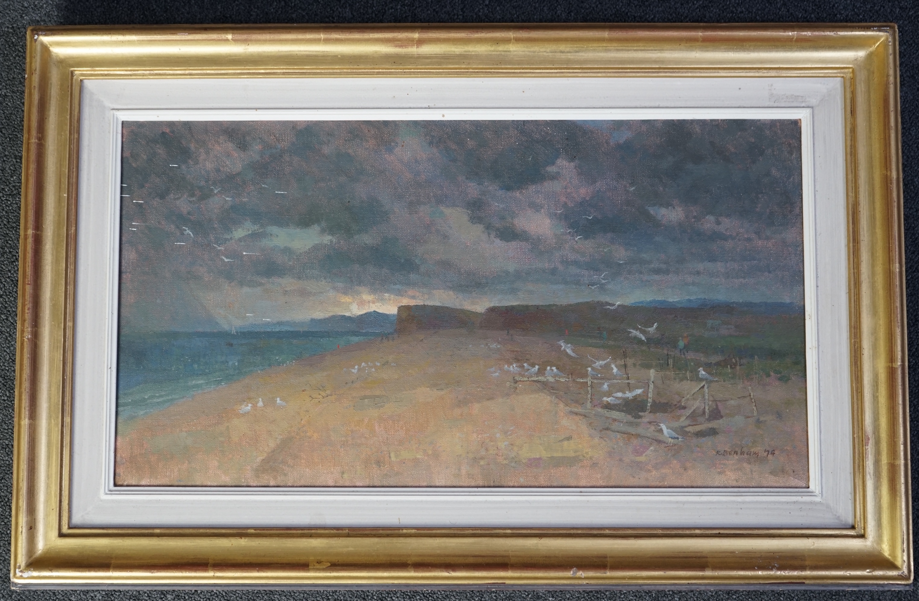 Ronald Benham RBA, NEAC (1915-1993), oil on canvas, End of the Chesil Bank, signed and dated '74, 30 x 55cm. Condition - fair to good